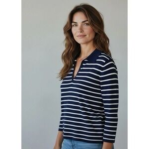 J. McLaughlin Striped Collared Popover Sweater Women's Medium Blue White Modal